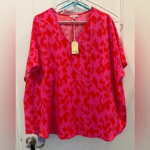 JODIFL Pink and Red Printed V-Neck Tunic Top